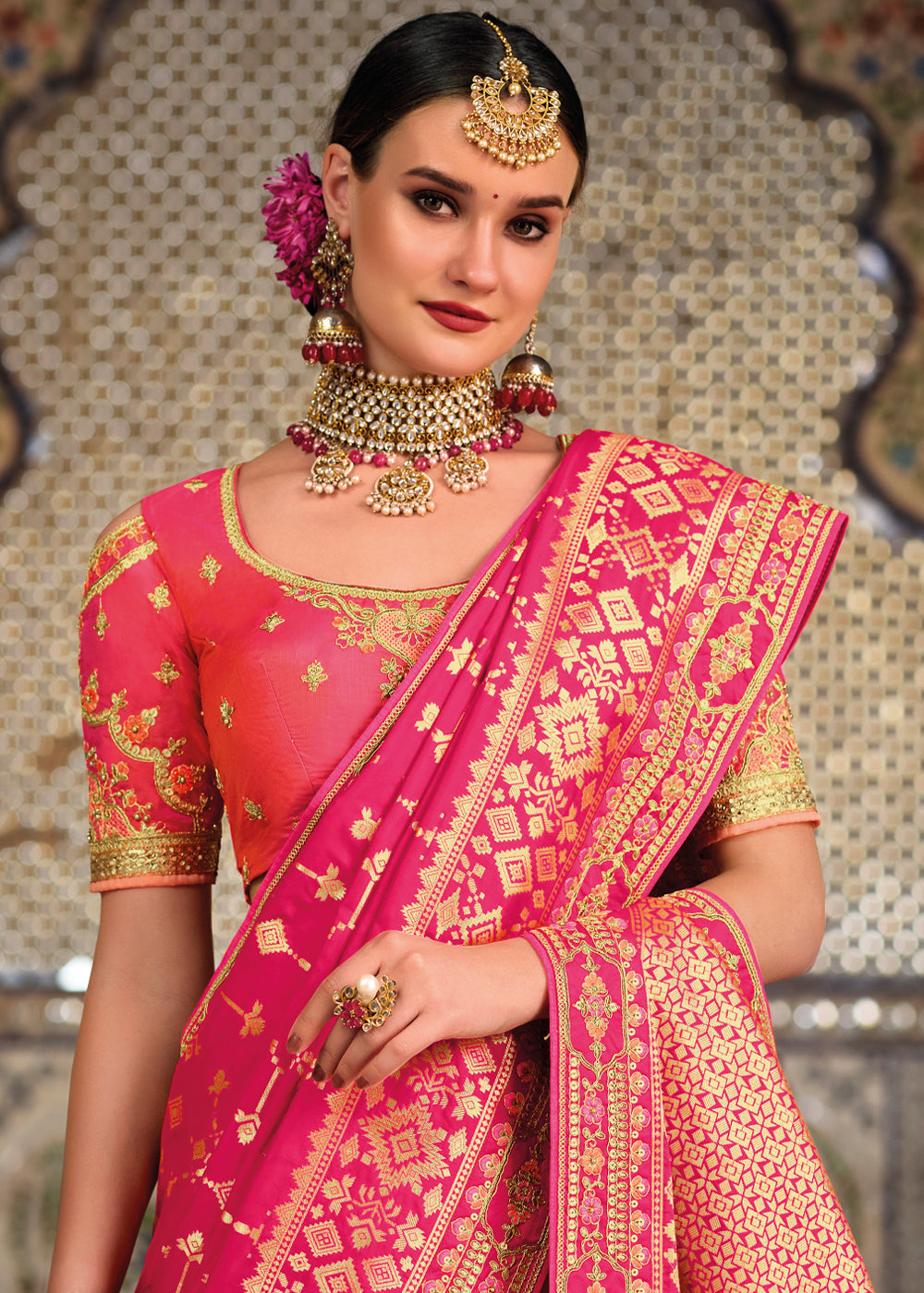 Roman Pink Zari Woven Designer Banarasi Saree