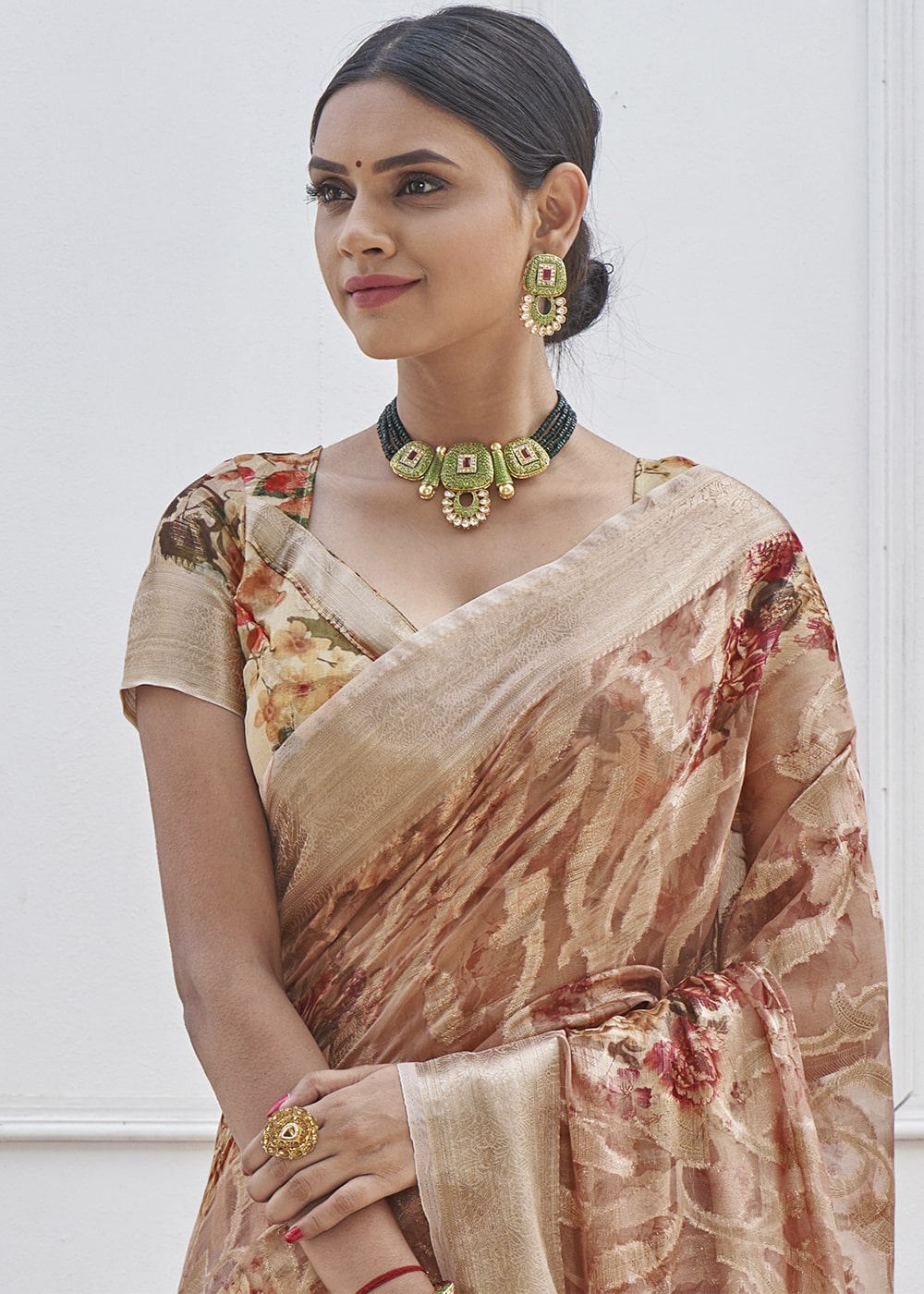 Blast Off Bronze Brown Digital Printed Organza Silk Saree