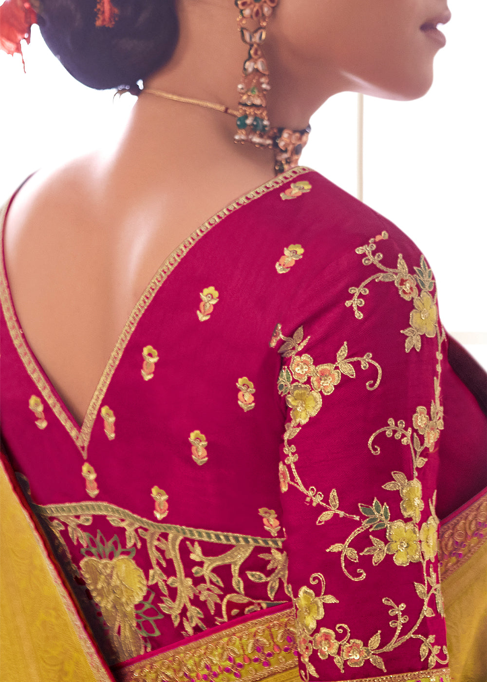 Anzac Green and Red Banarasi Saree with Designer Blouse