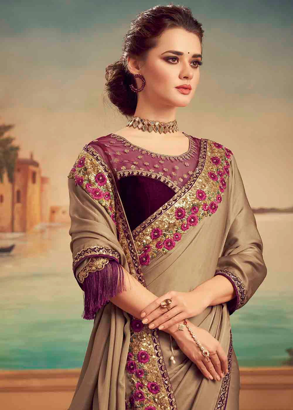 Muesli Brown and Purple Embroidered Satin Silk Designer Saree