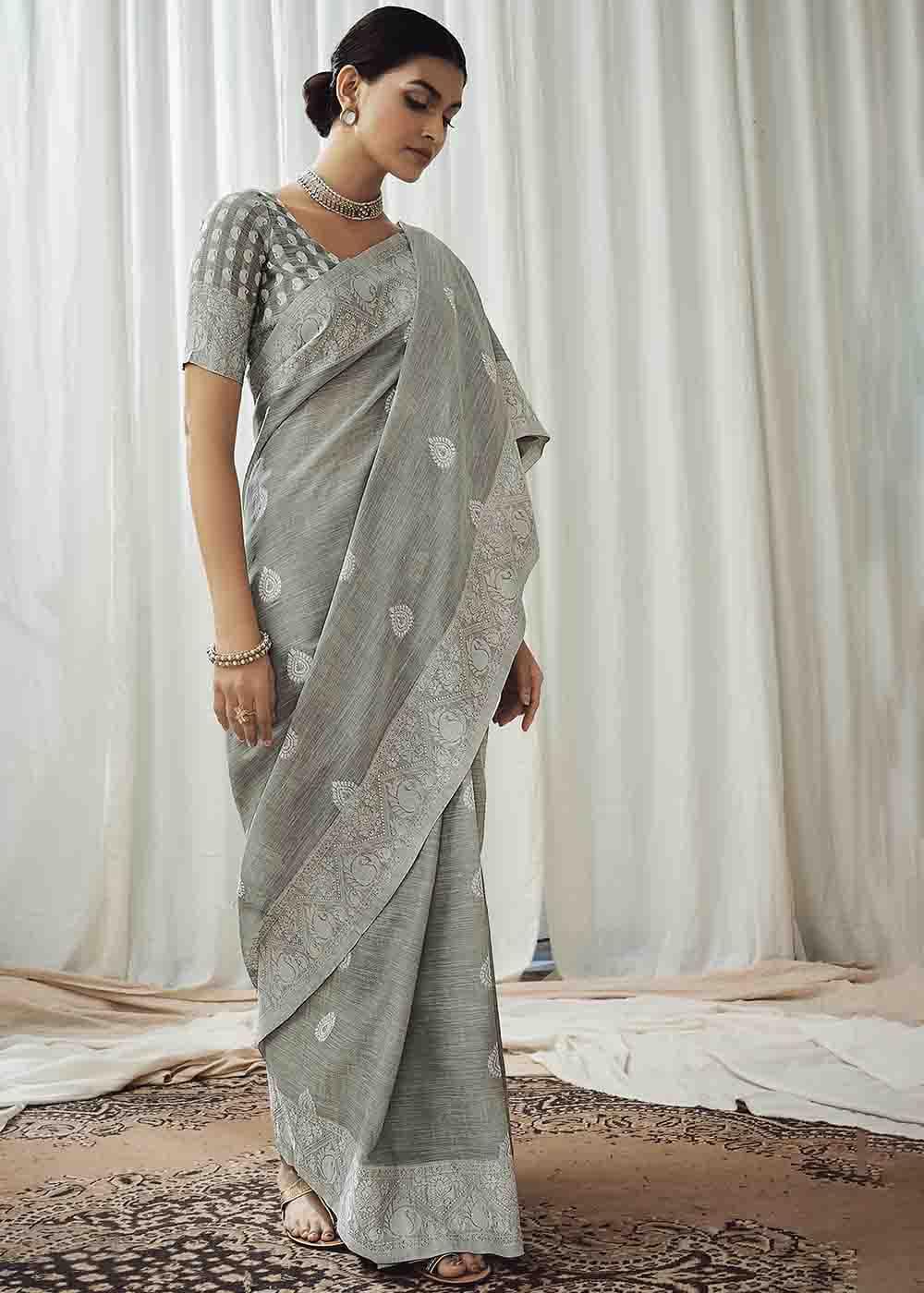 Bitter Grey Chikankari Linen Saree