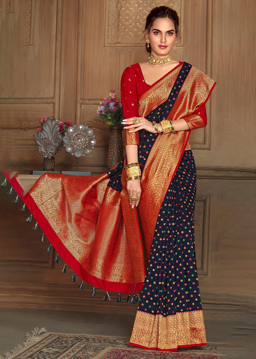 Steel Blue and Red Zari Woven Banarasi Saree