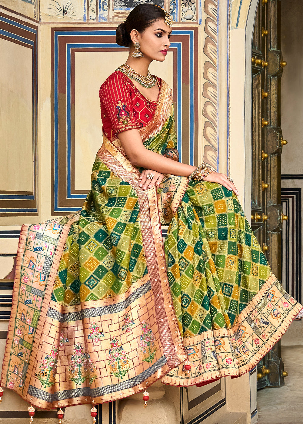 Husk Green and Red Patola Printed Dola Silk Saree With Embroidered Blouse