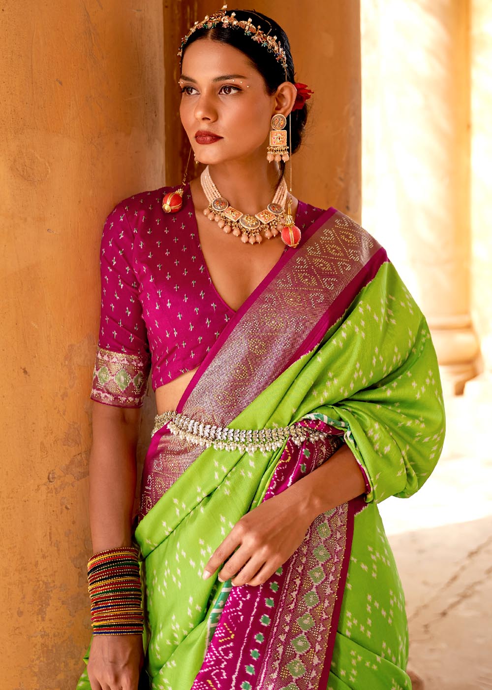 Peridot Green and Pink Printed Patola Saree