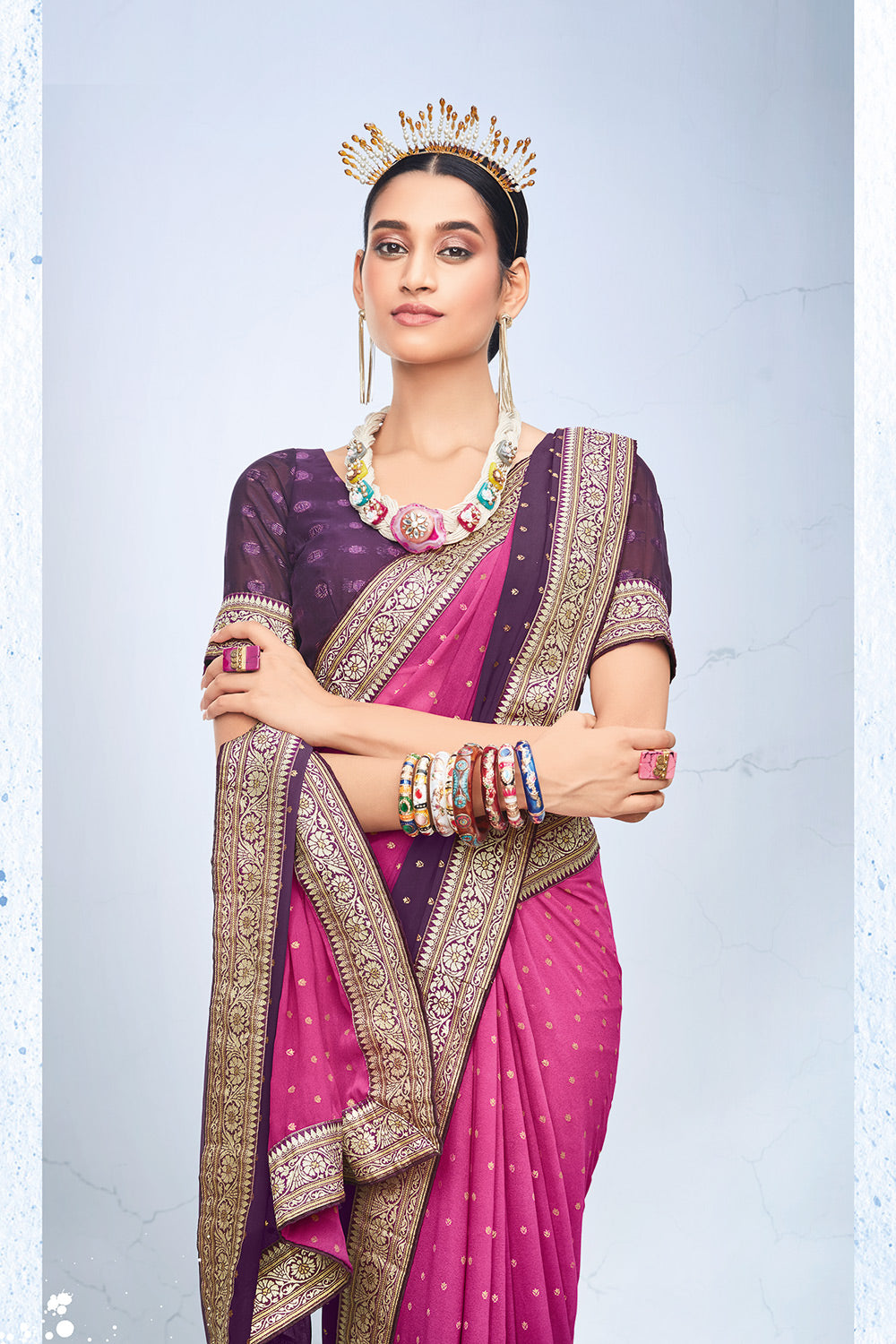 Mystic Pink and Purple Printed Georgette Saree