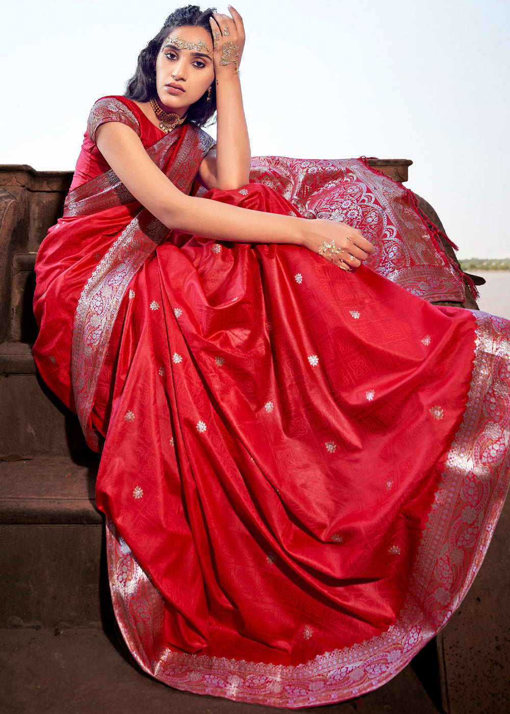 Thunderbird Red Woven Banarasi Satin Silk Saree