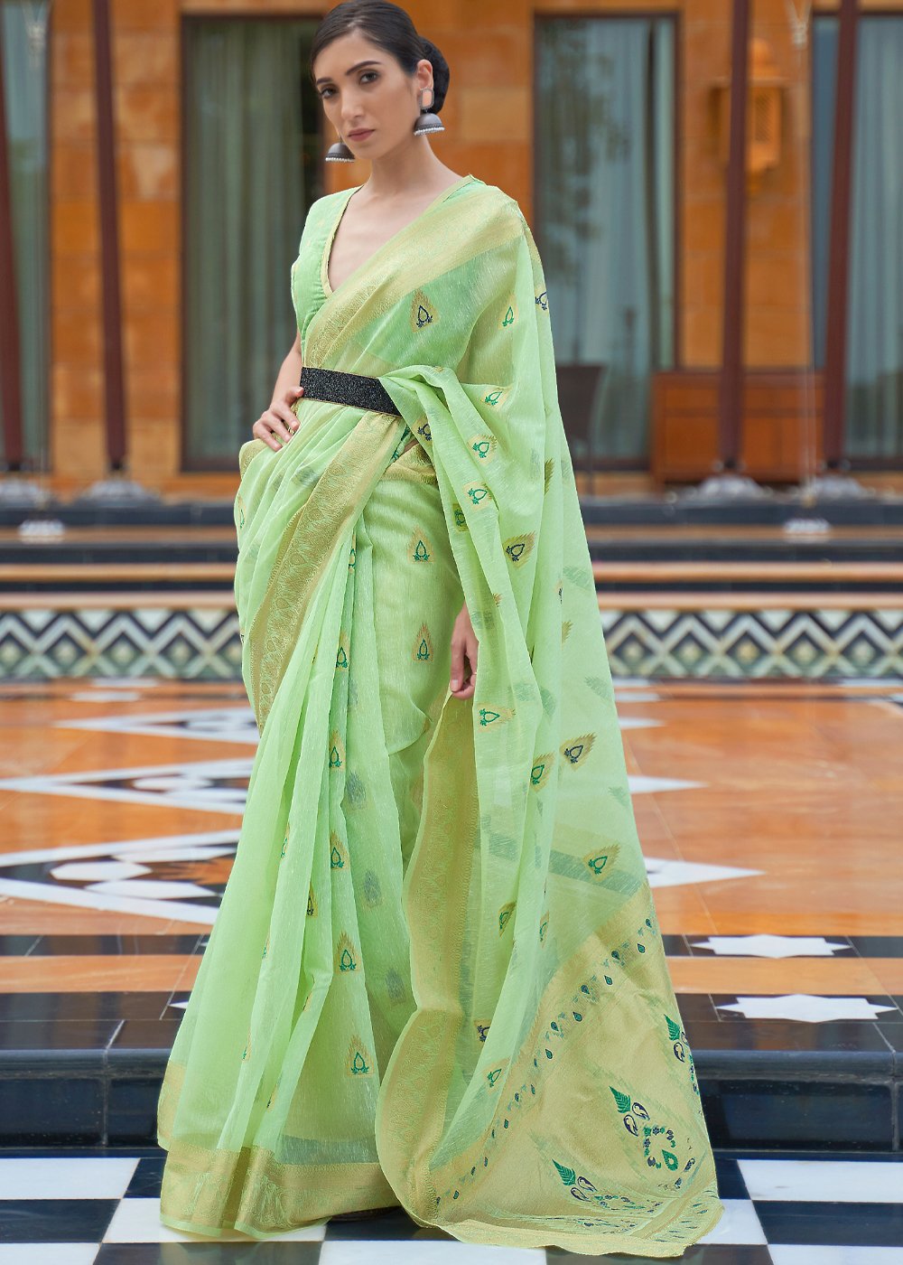 Moss Green Zari Woven Banarasi Linen Saree