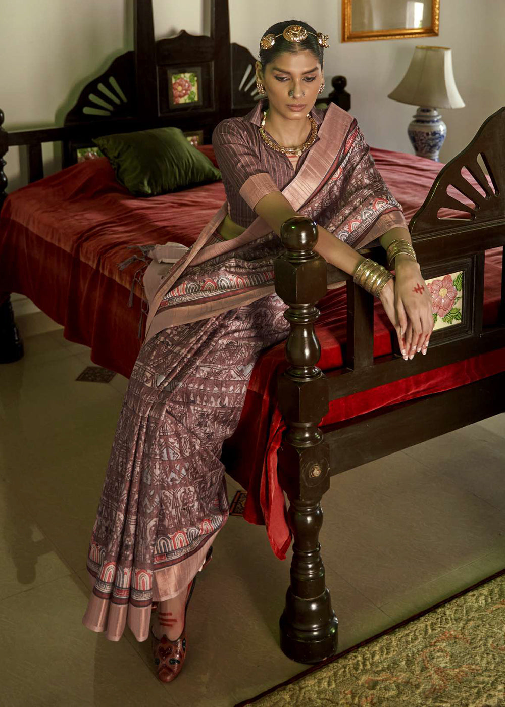 Coffee Dark Brown Digital Printed Silk Saree