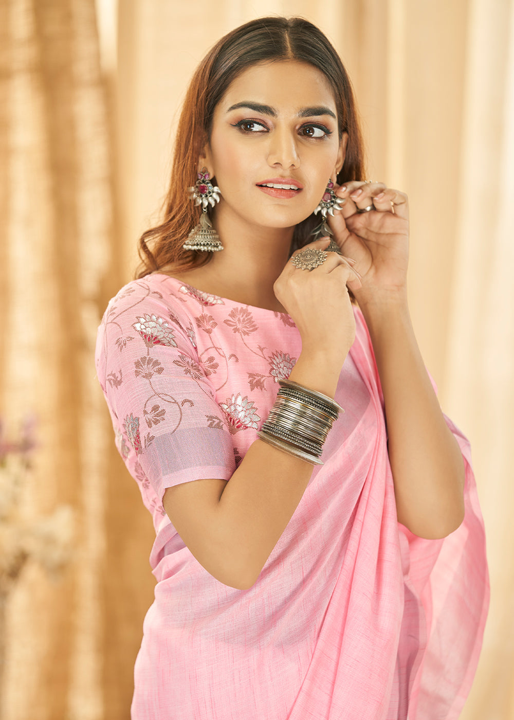 Azalea Pink Zari Woven Linen Saree