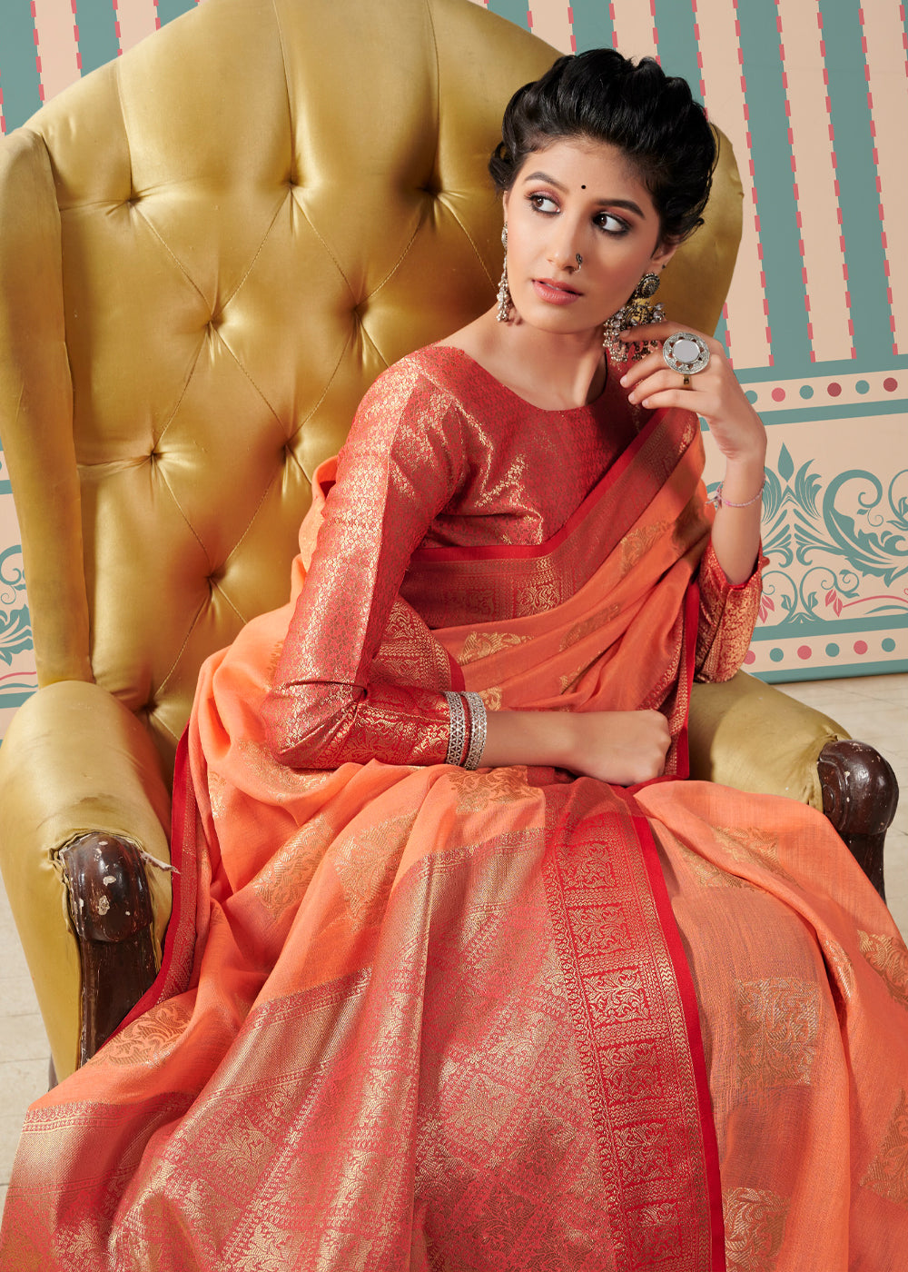 Mandarin Orange Zari Woven Banarasi Brocade Linen Saree