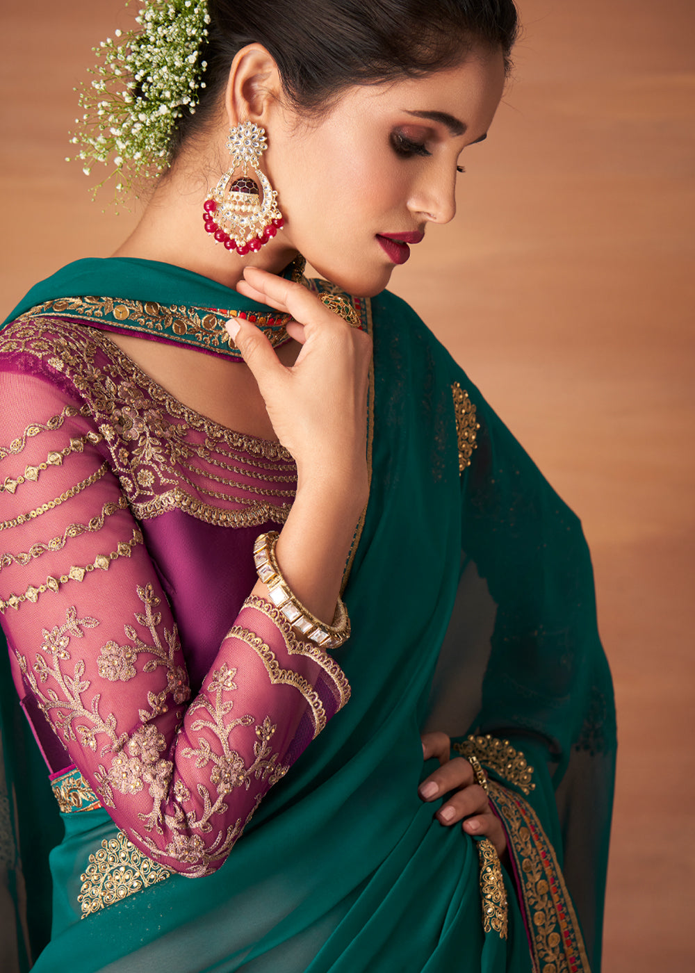 Casal Green Designer Saree with Embroidered Blouse