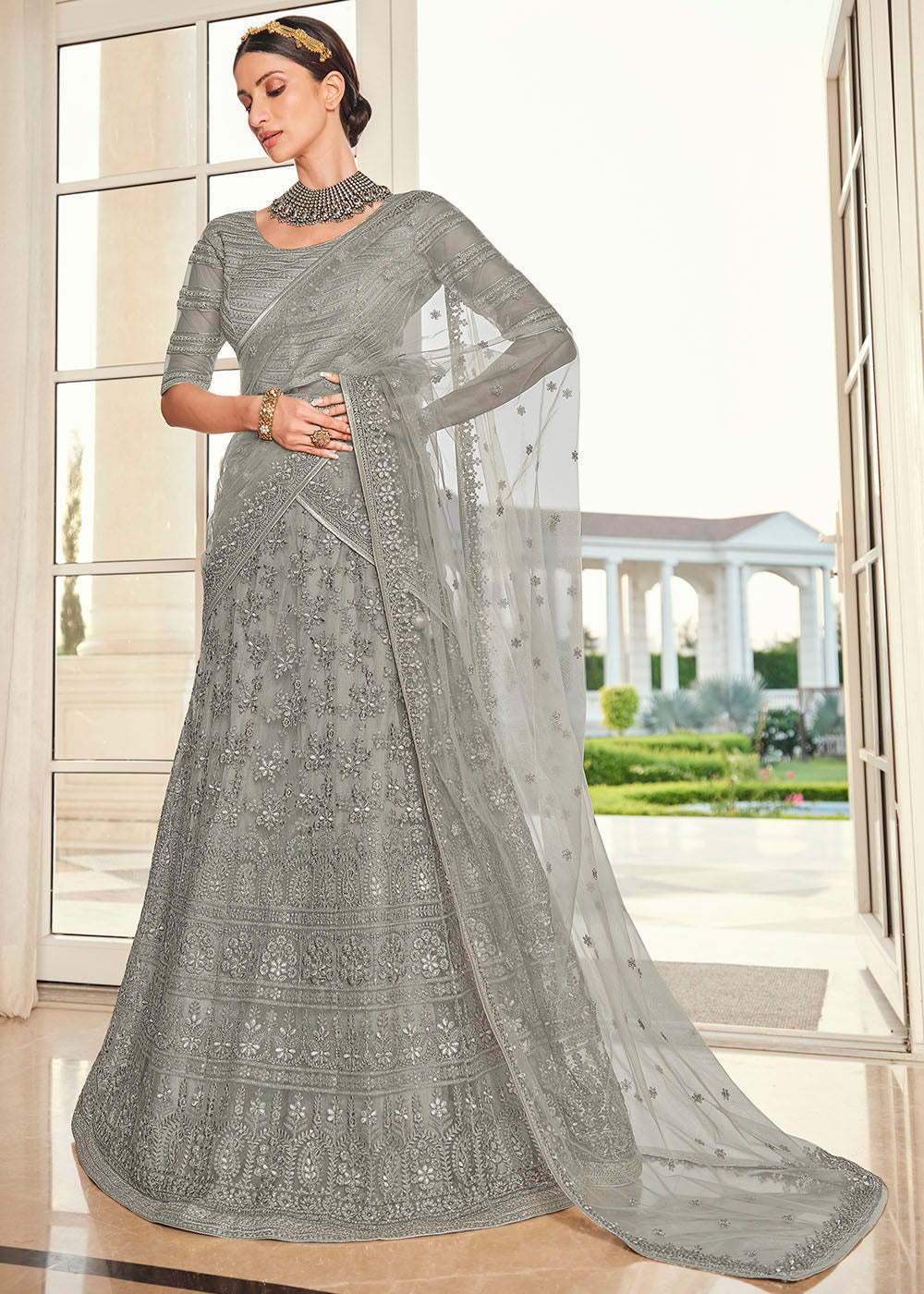 Dawn Grey Net Designer Lehenga With Heavy Embroidered Work