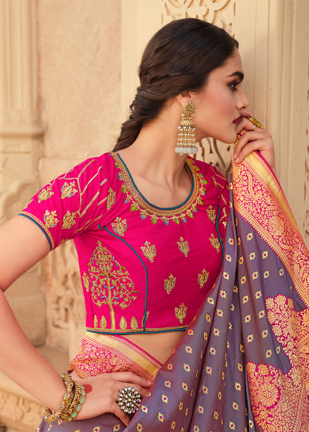 Falcon Purple and Pink Zari Woven Banarasi Saree with Designer Blouse