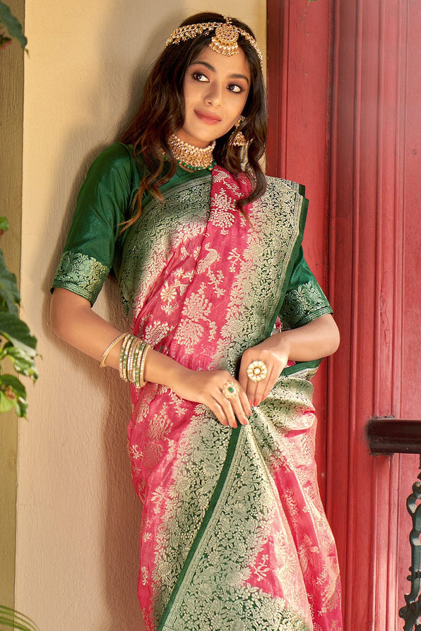 Froly Pink and Green Organza Saree