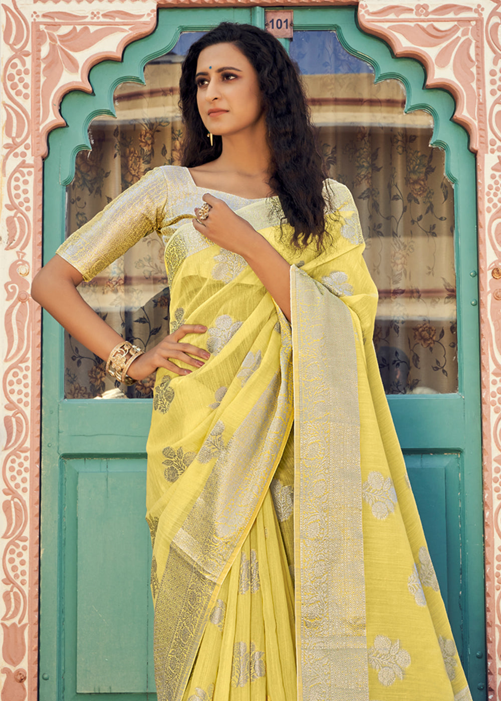 Witch Haze Yellow Zari Woven Banarasi Linen Saree