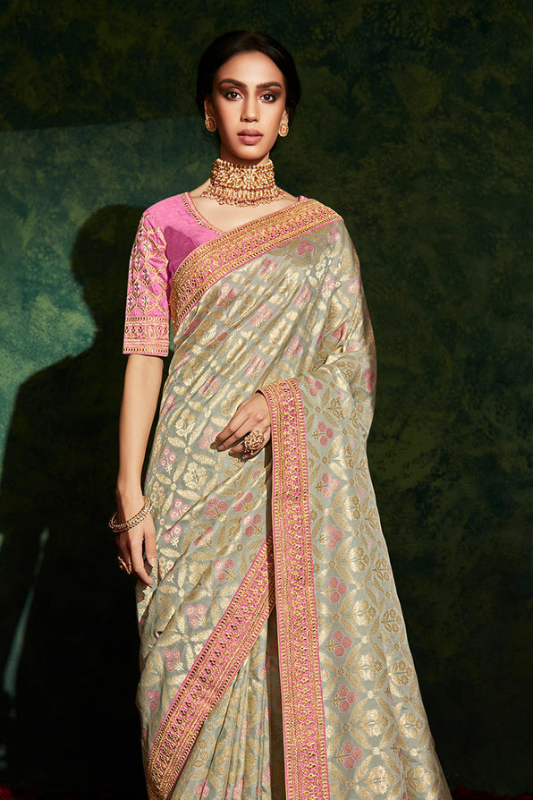 Coral Reef Light Grey and Pink South Silk Saree