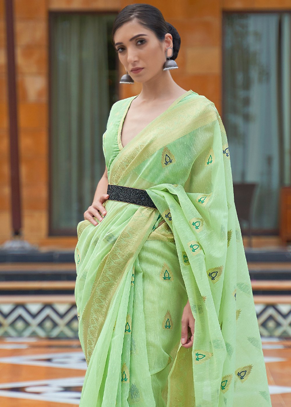 Moss Green Zari Woven Banarasi Linen Saree