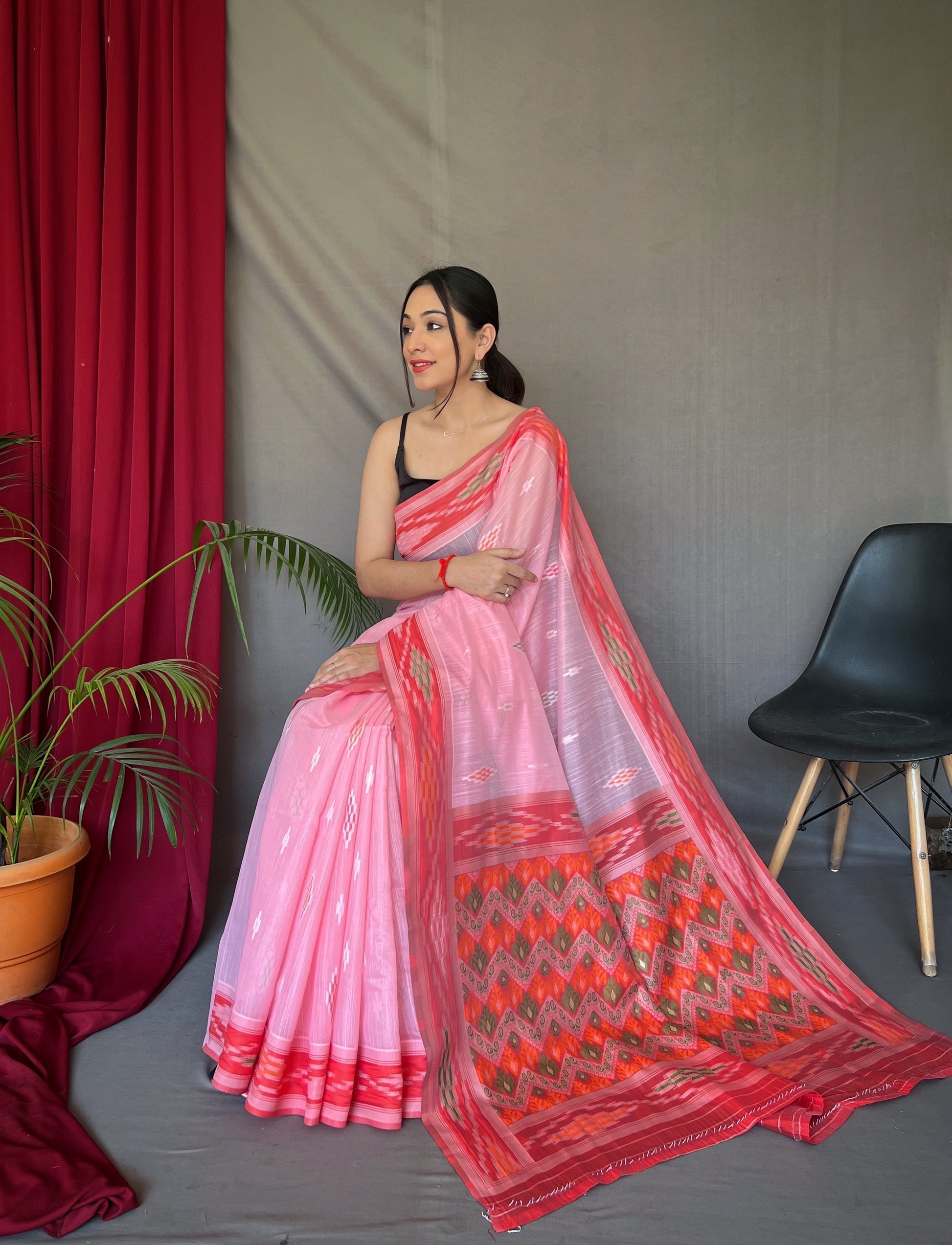 Pastel Pink Ikat Woven Cotton Silk Saree