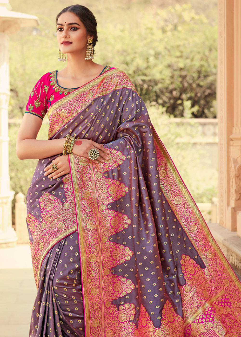 Falcon Purple and Pink Zari Woven Banarasi Saree with Designer Blouse