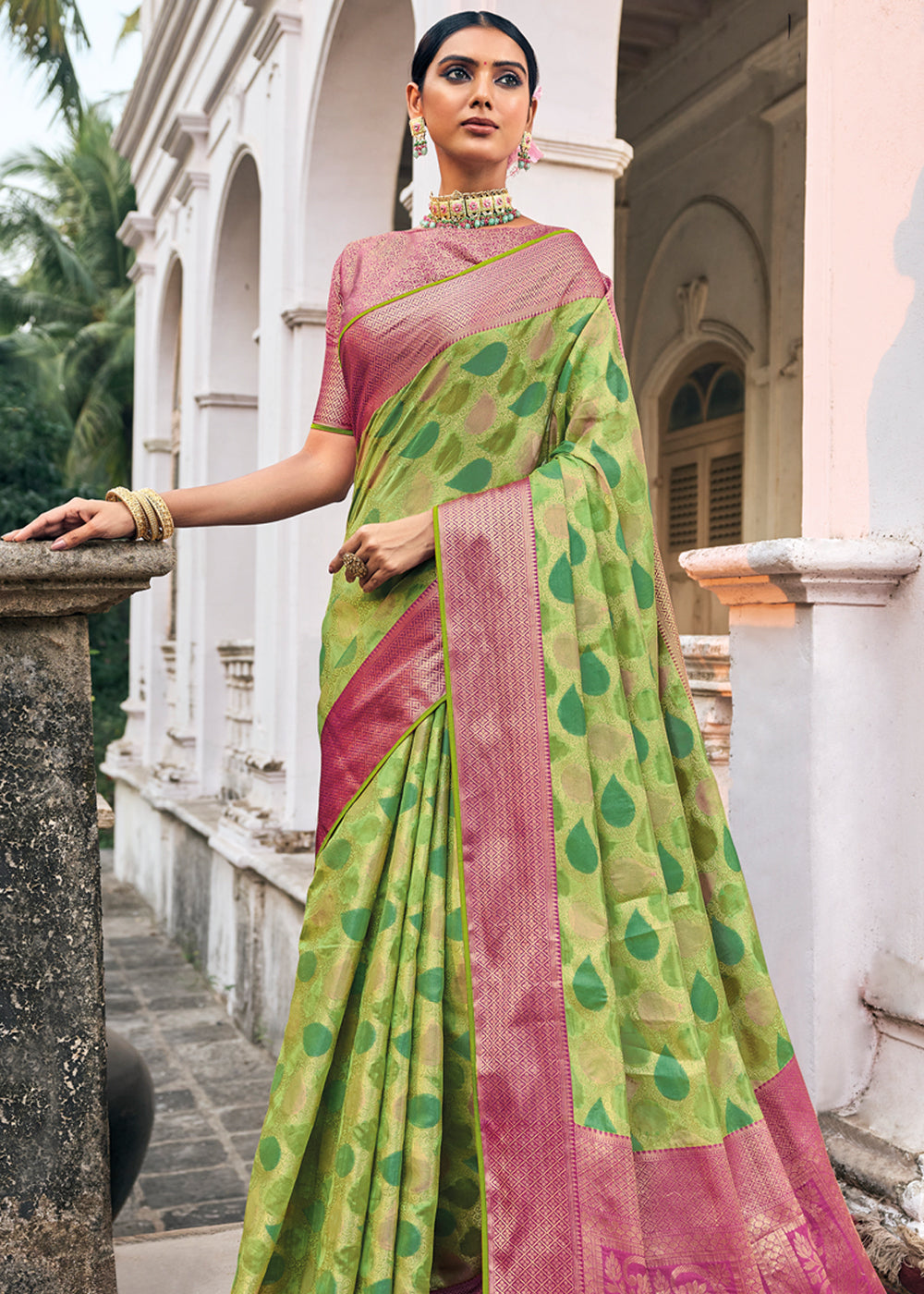 Celery Green and Pink Woven Organza Banarasi Silk Saree