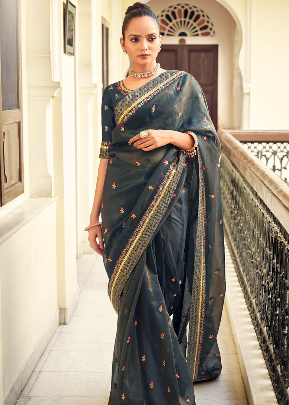 Outer Space Grey Woven Banarasi Georgette Silk Saree