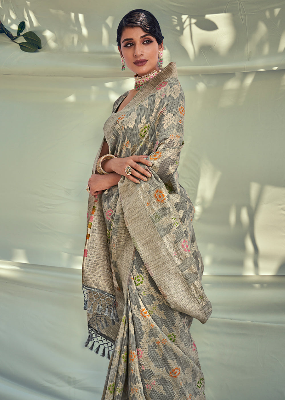 Grey Olive Zari Woven Banarasi Linen Saree