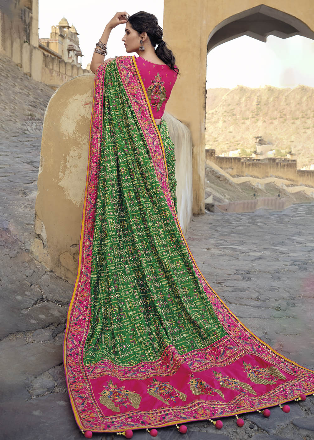 Forest Green and Pink Banarasi Saree with Kachhi,Mirror and Diamond Work