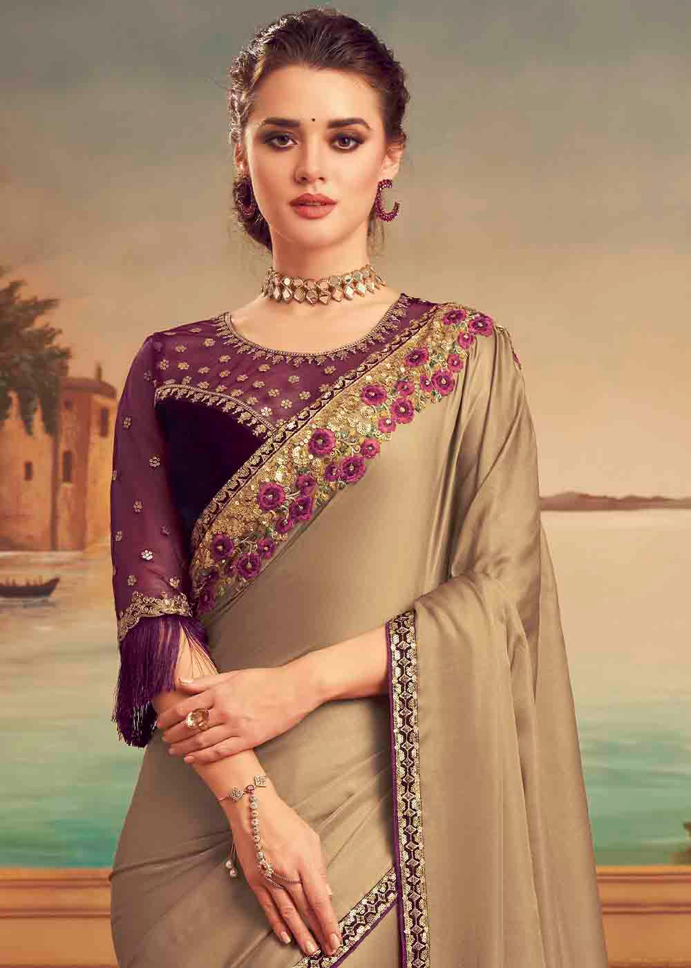 Muesli Brown and Purple Embroidered Satin Silk Designer Saree