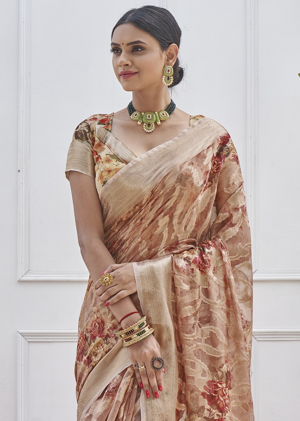 Blast Off Bronze Brown Digital Printed Organza Silk Saree