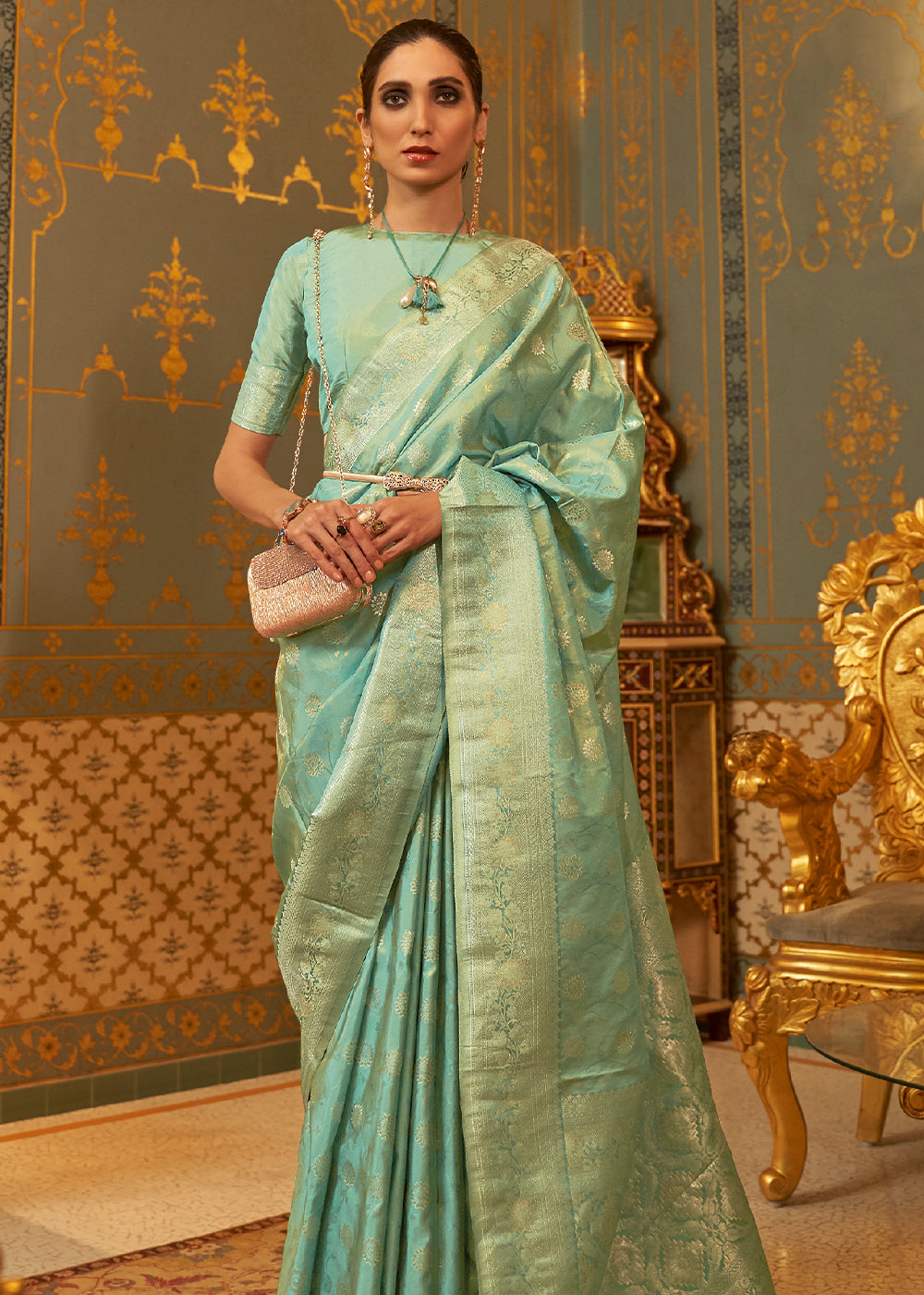 Acapulco Green Zari Woven Banarasi Brocade Saree