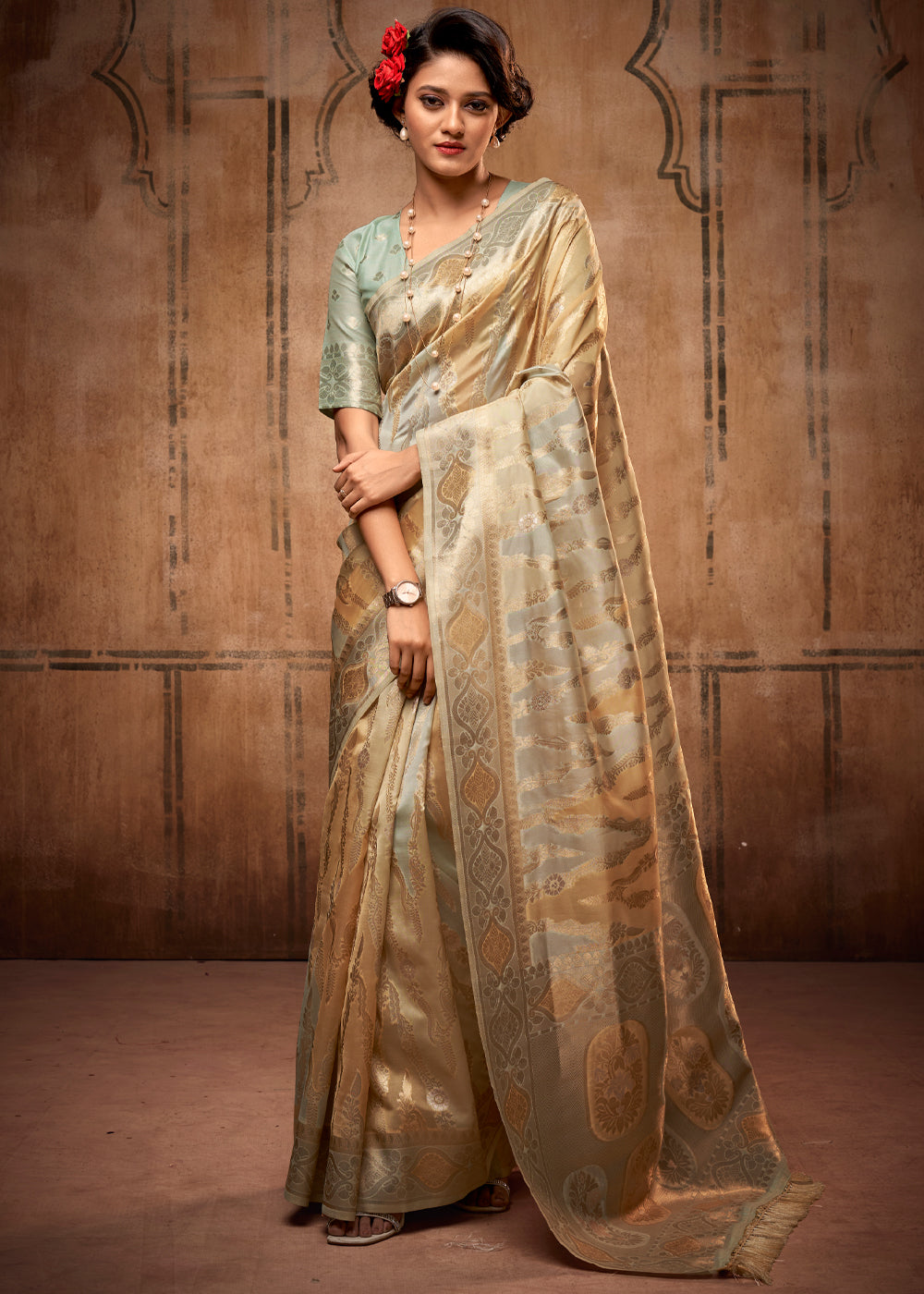 Taupe Green Zari Woven Banarasi Organza Saree