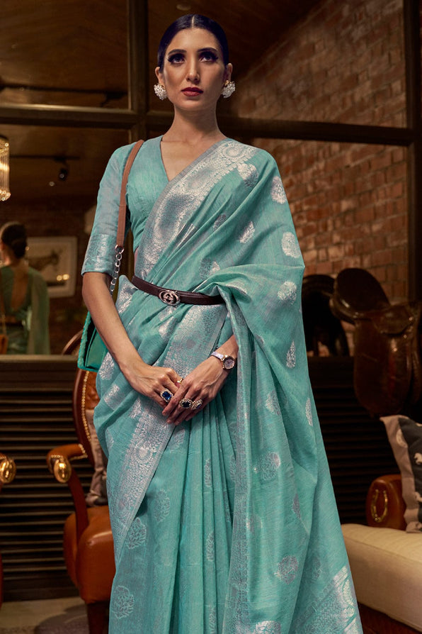 Polished Pine Blue Zari Woven Linen Saree