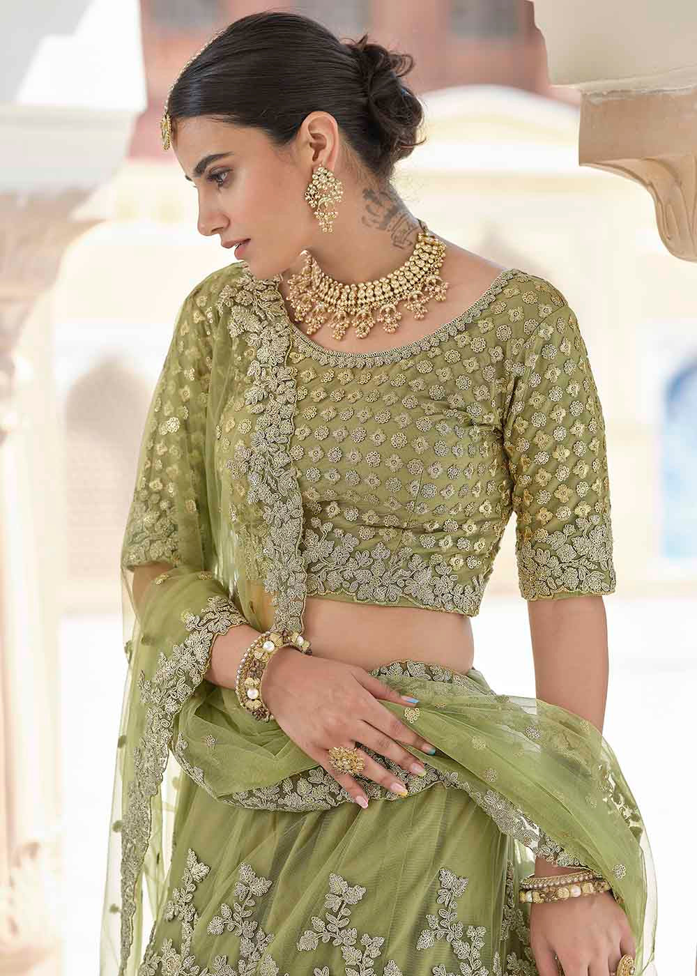 Gold Green Soft Net Designer Lehenga Choli With Dori & Sequins Work