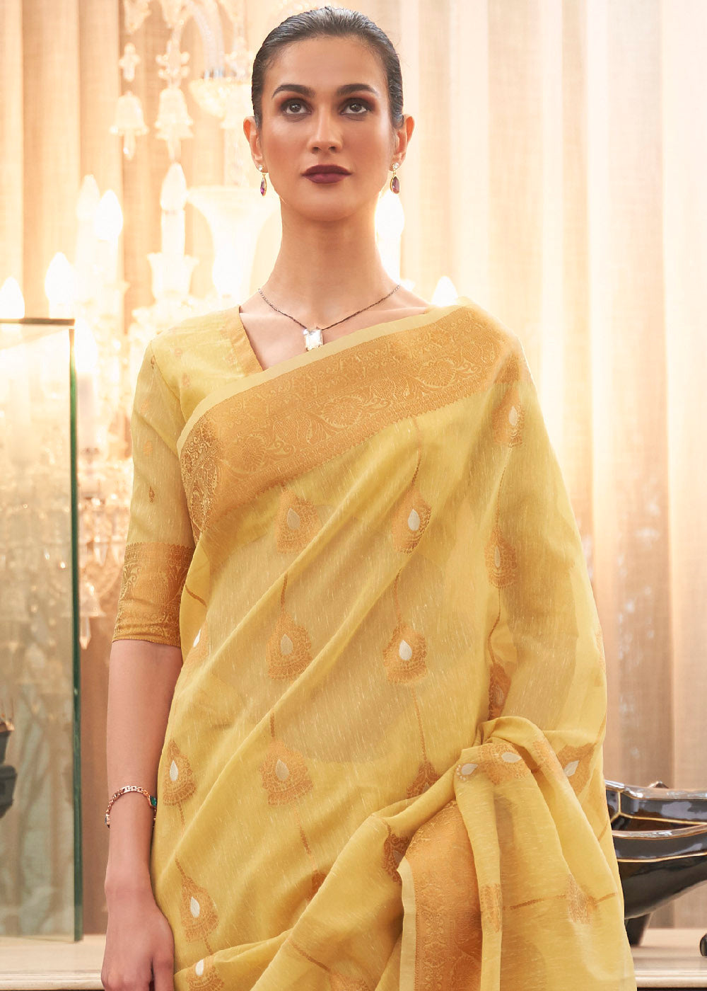 Cream Yellow Zari Woven Linen Saree