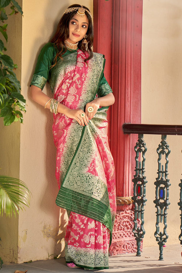 Froly Pink and Green Organza Saree