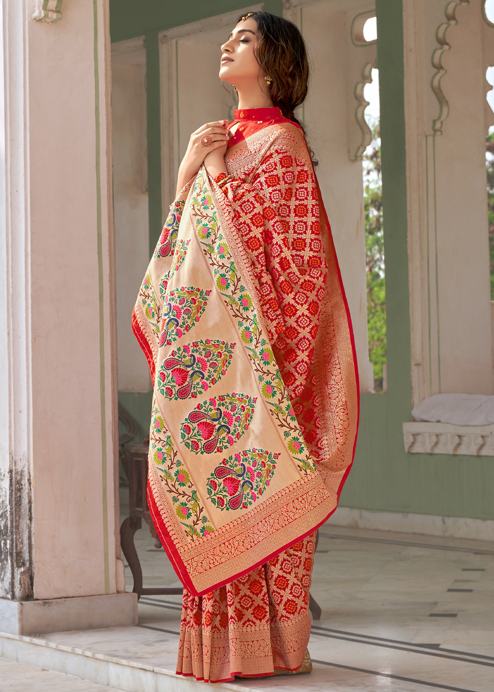 Flame Red Zari Woven Banarasi Brocade Saree