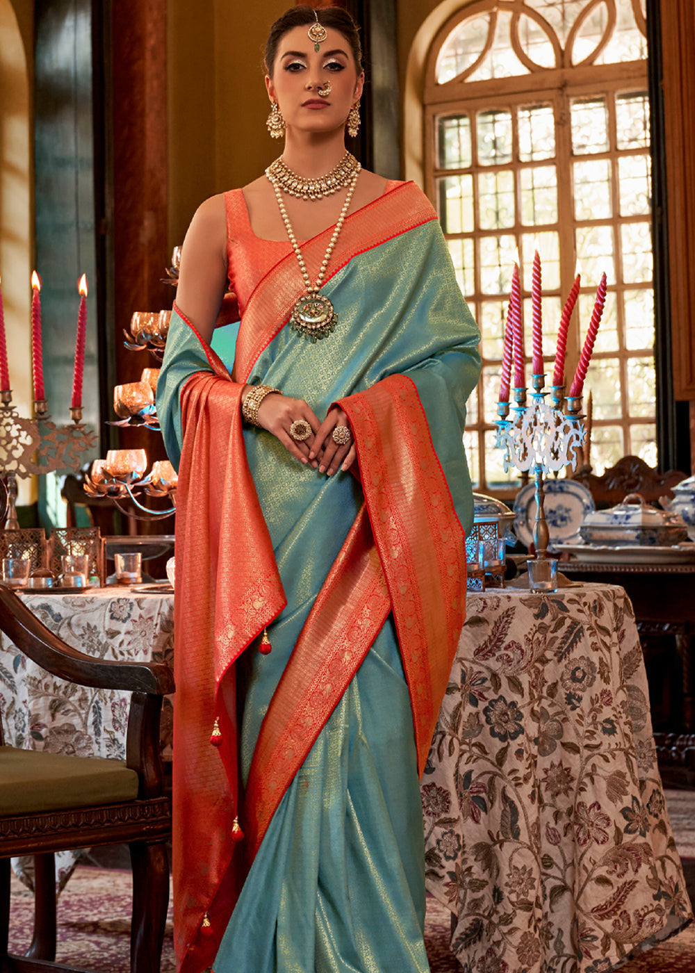 Stromboli Blue and Orange Woven Kanjivaram Saree