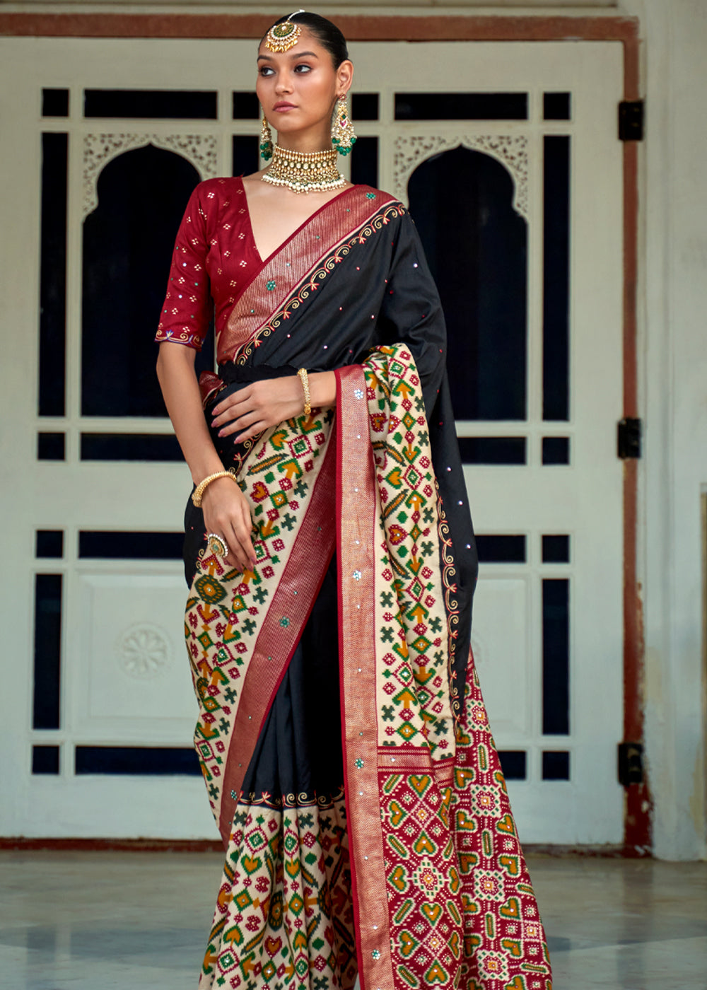 Shark Black and Red Woven Patola Silk Saree