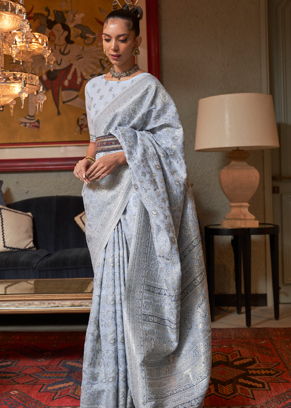 Silver Bluish Woven Kashmiri Jamewr Cotton Silk Saree