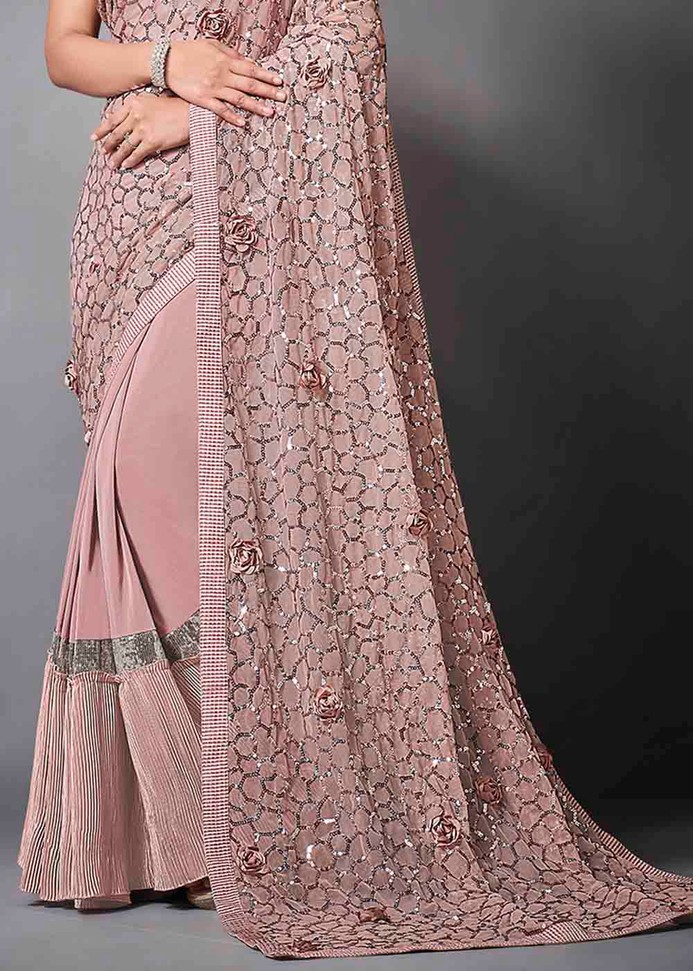 Eunry Pink Designer Lycra Saree with Embroidery Work