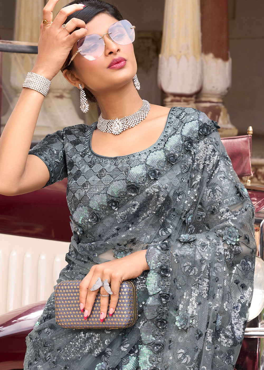 Oslo Grey Designer Silk Saree