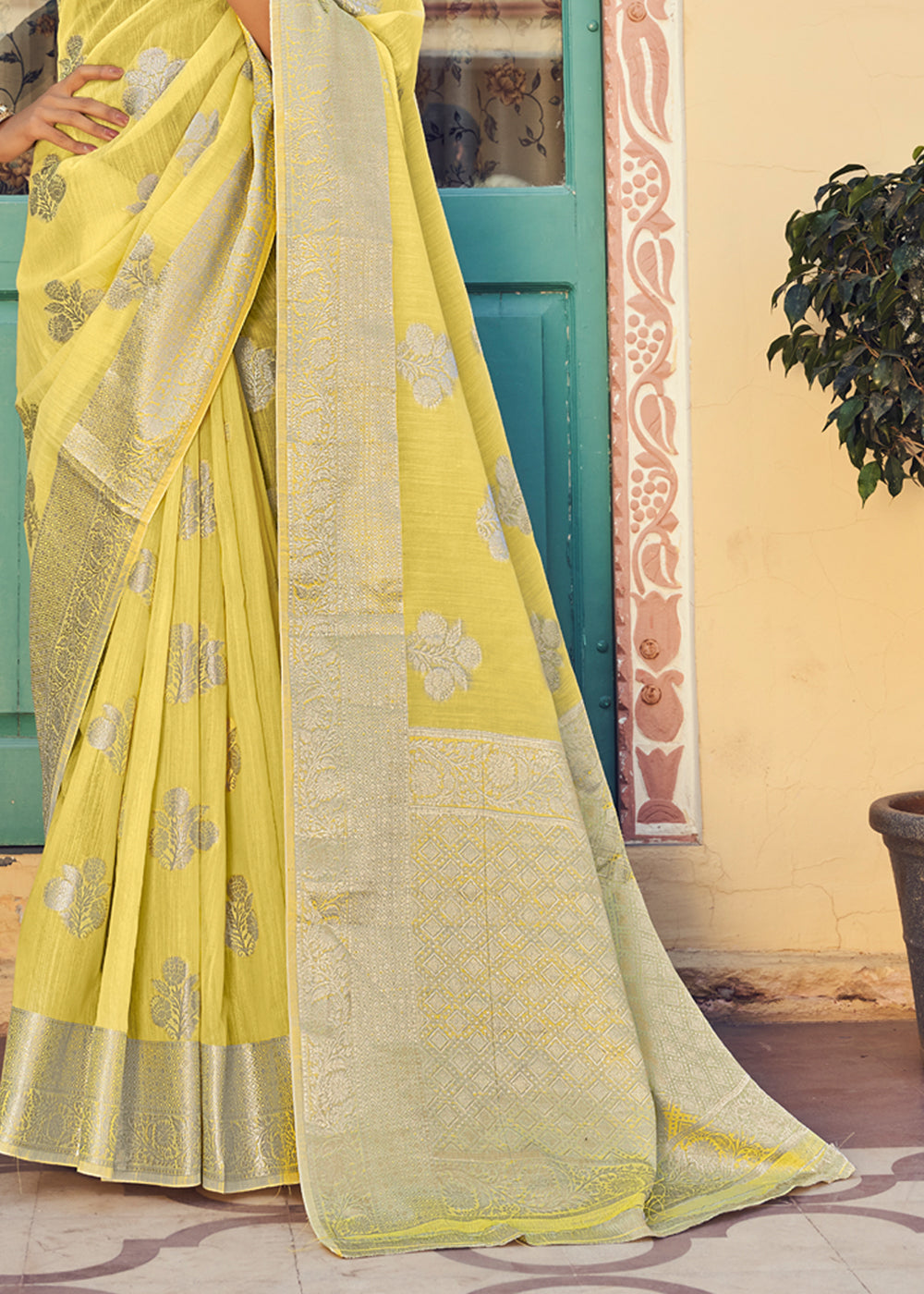 Witch Haze Yellow Zari Woven Banarasi Linen Saree