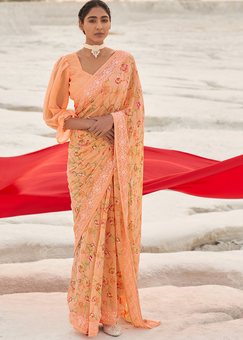 Navajo Peach Digital Printed Chiffon Saree