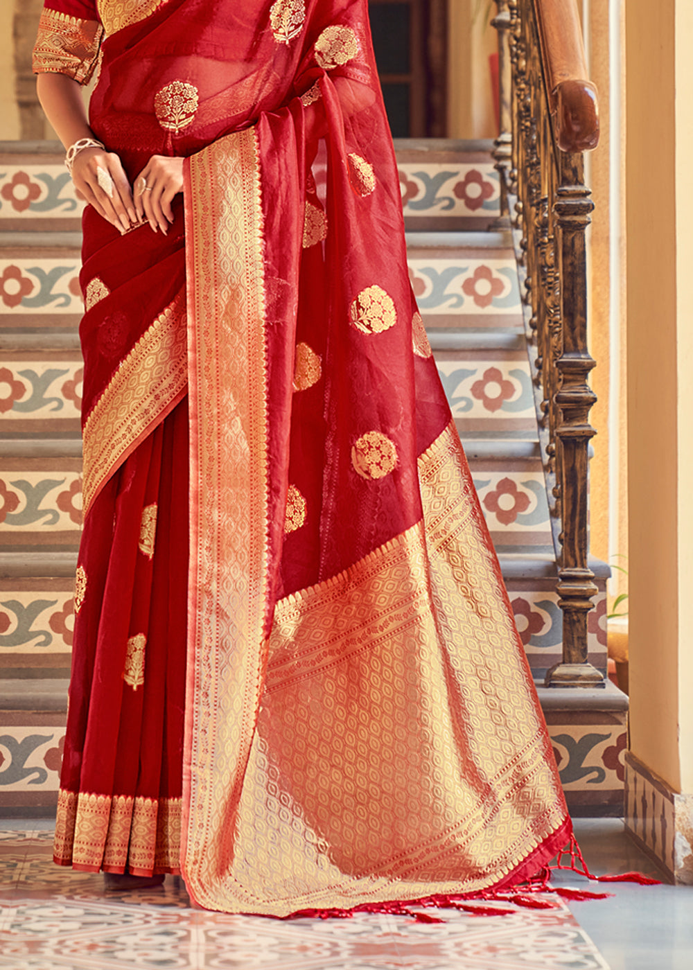 Poppy Red Zari Woven Banarasi Organza Saree