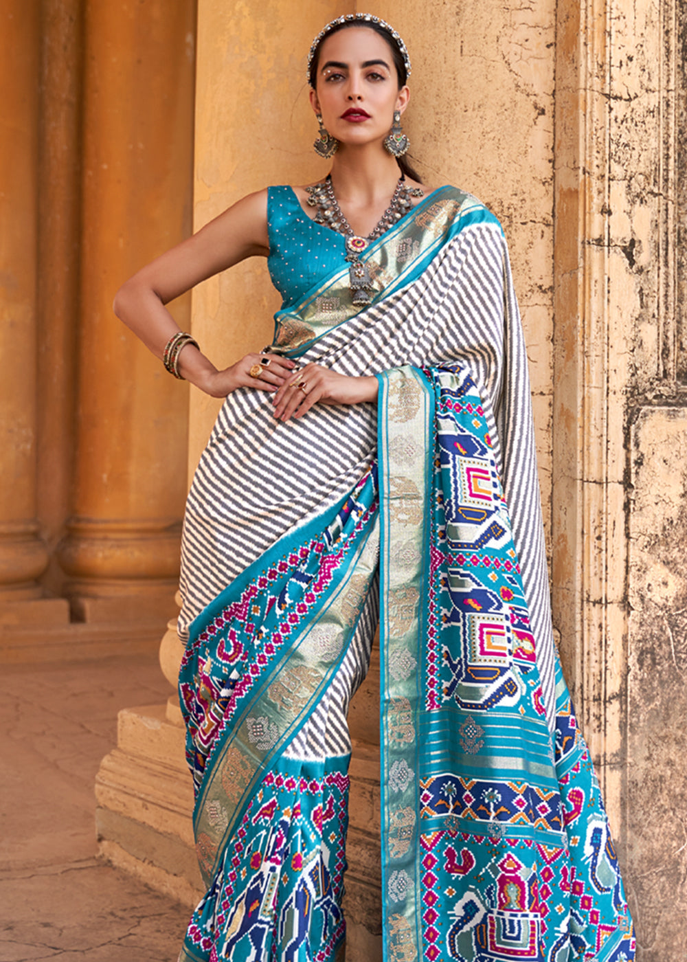 Boston White and Blue Zari Woven Patola Saree