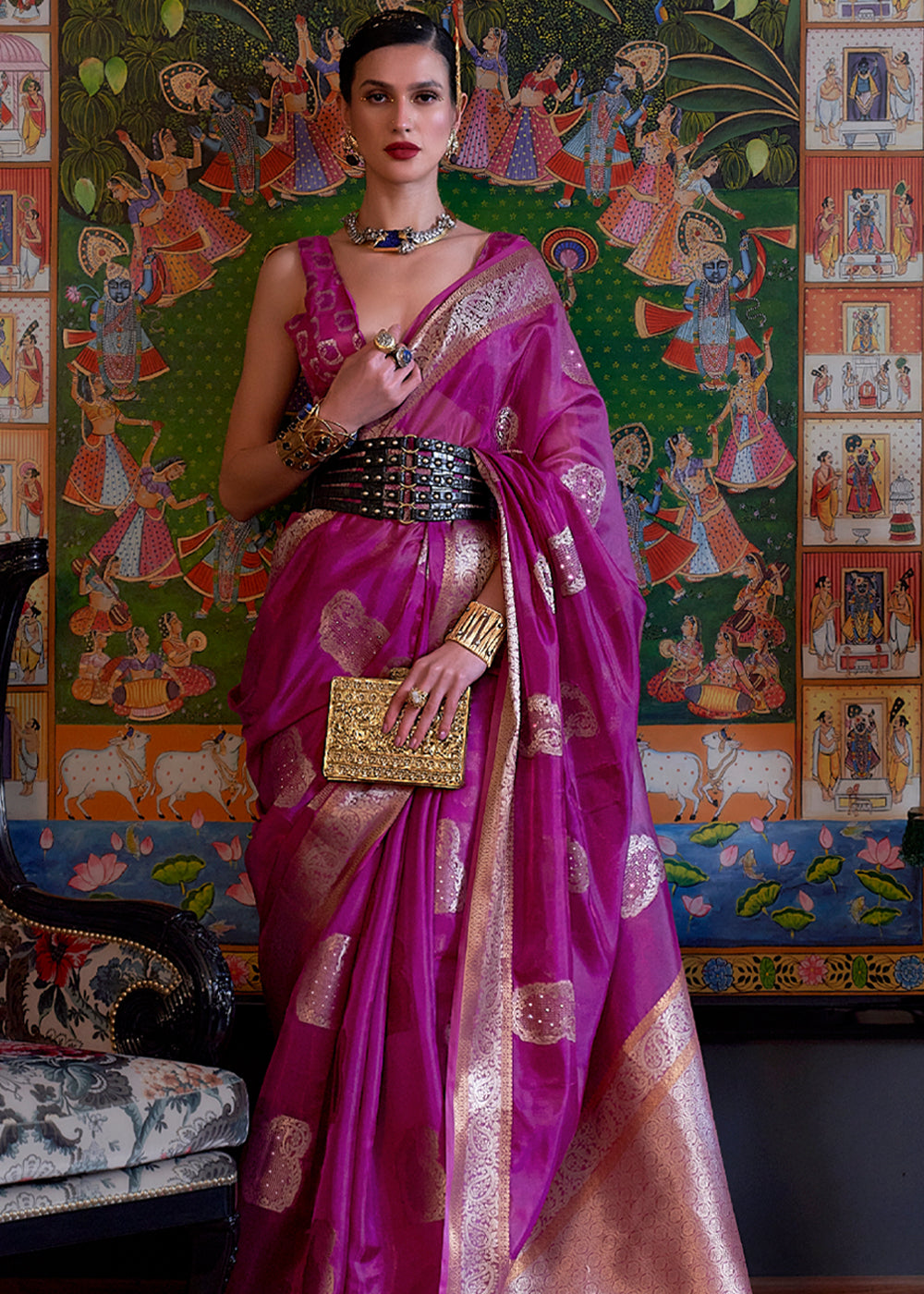 Hibiscus Purple Woven Banarasi Organza Silk Saree