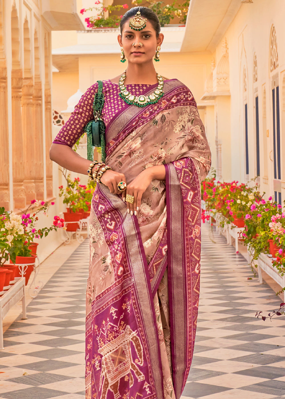 Stiletto Purple Printed Chiffon Patola Silk Saree