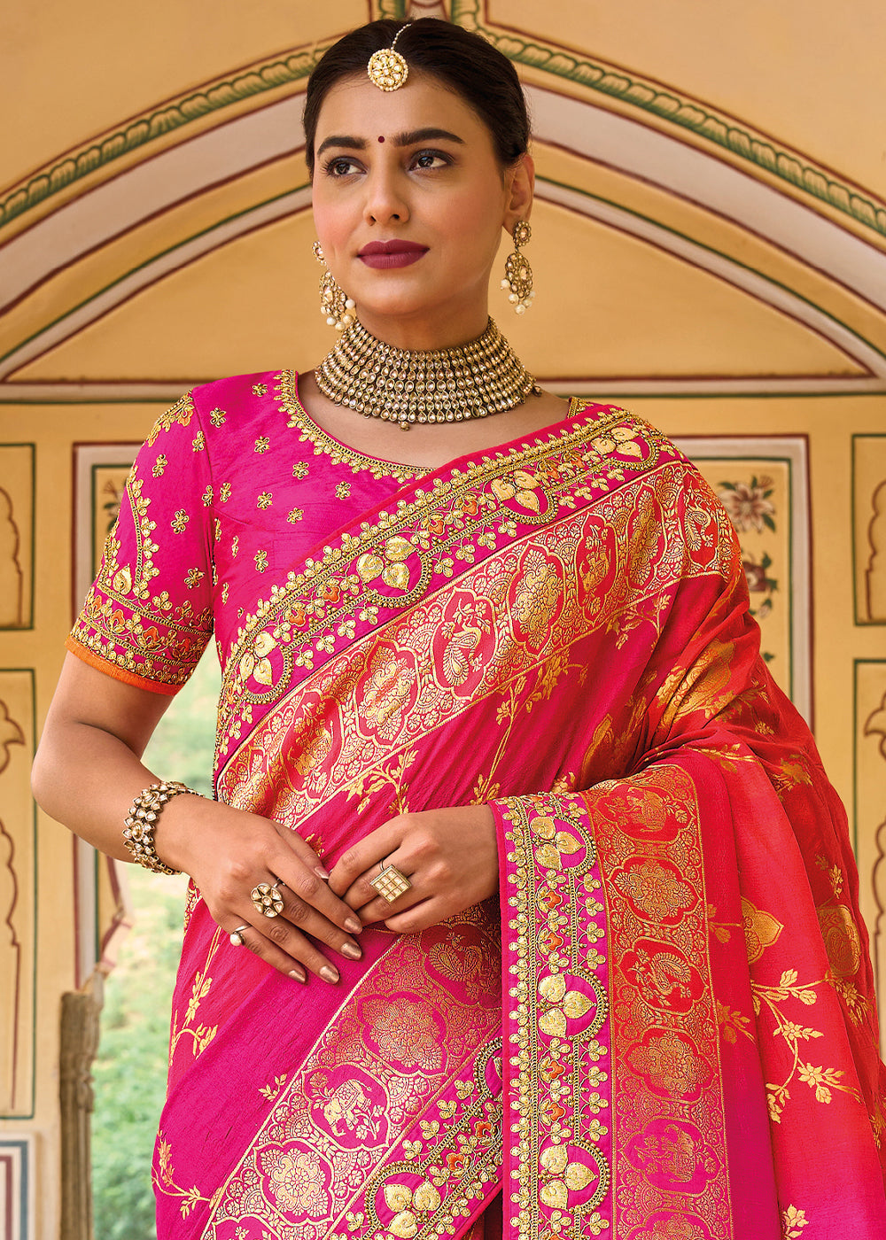 Mandy Pink and Orange Embroidered Dola Silk Saree