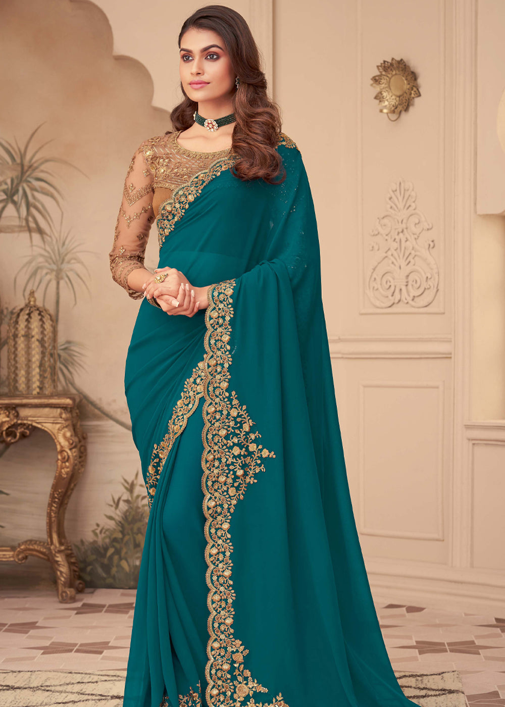 Blue Stone Georgette Designer Saree with Embroidered Blouse