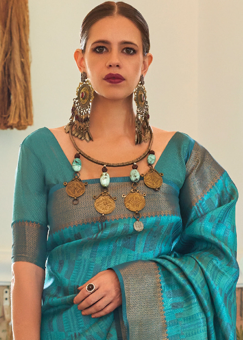 Tradewind Blue Handloom Organza Silk Saree by bollywood actress Kalki Koechlin